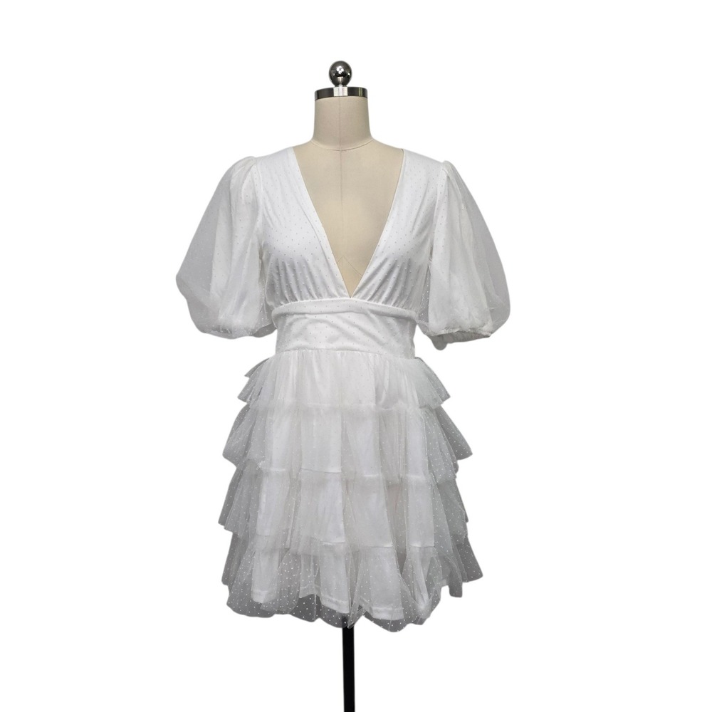 Lulus White‎ Swiss Dot Tulle Puff Sleeve Tiered Mini Dress Size Small